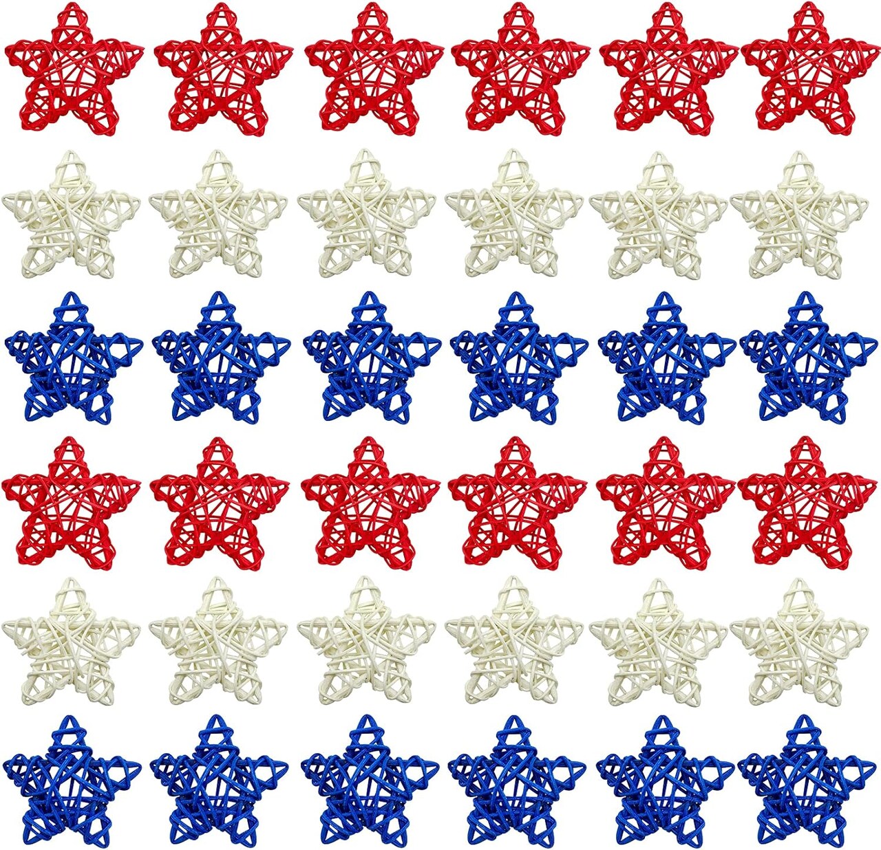 36PCS 4th of July Rattan Stars – 1.96" Red, White, and Blue Wicker Stars for Independence Day Home Décor, DIY Crafts, Vase or Bowl Fillers, and Table Decorations